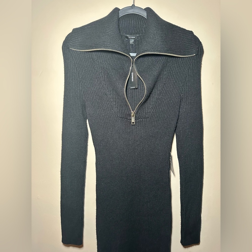 Express Black Long Sleeve Knit Zip Up Turtleneck Midi Dress Size S